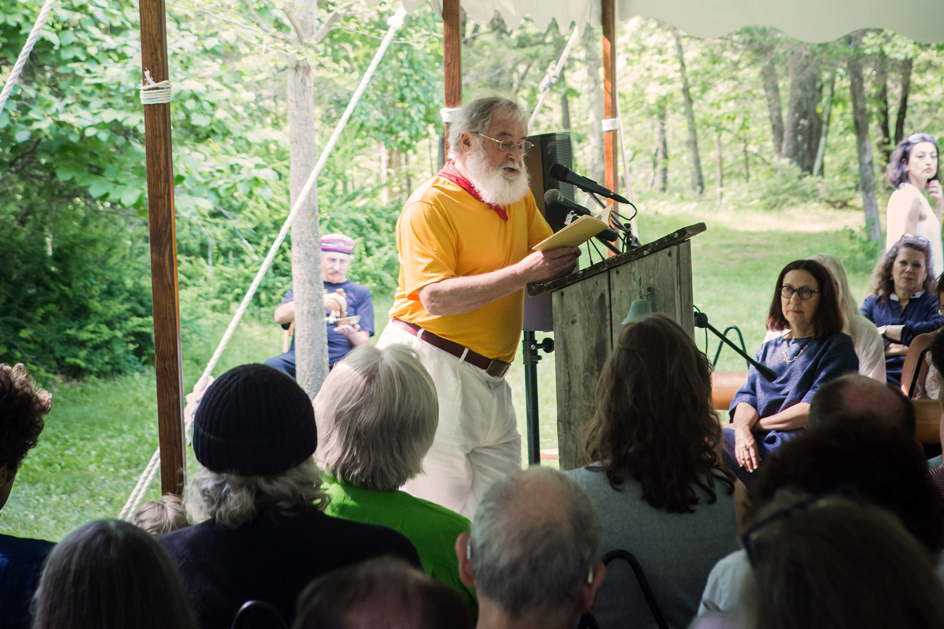 Bill Porter, who assumes the name Red Pine for his translations, read and sang his definitive translations of Hanshan’s poetry, The Collected Songs of Cold Mountain, at the June 2, 2019 opening of Brice Marden’s Cold Mountain Studies exhibition in a co-presentation first. Sounding the Space for singing bowls by composer Raphael Mostel accompanied the reading.
