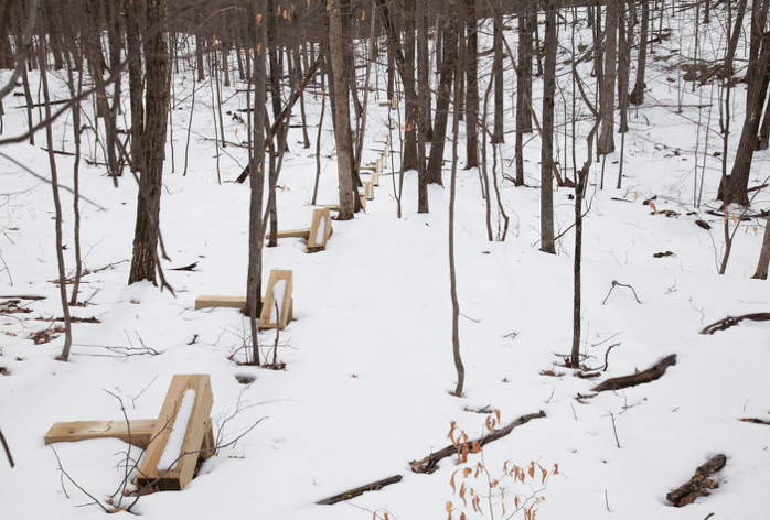 900 foot straight line of 80 crossed wooden beams that spans the dips and rises of the ‘T’ Space Reserve. A artwork by Richard Nonas.